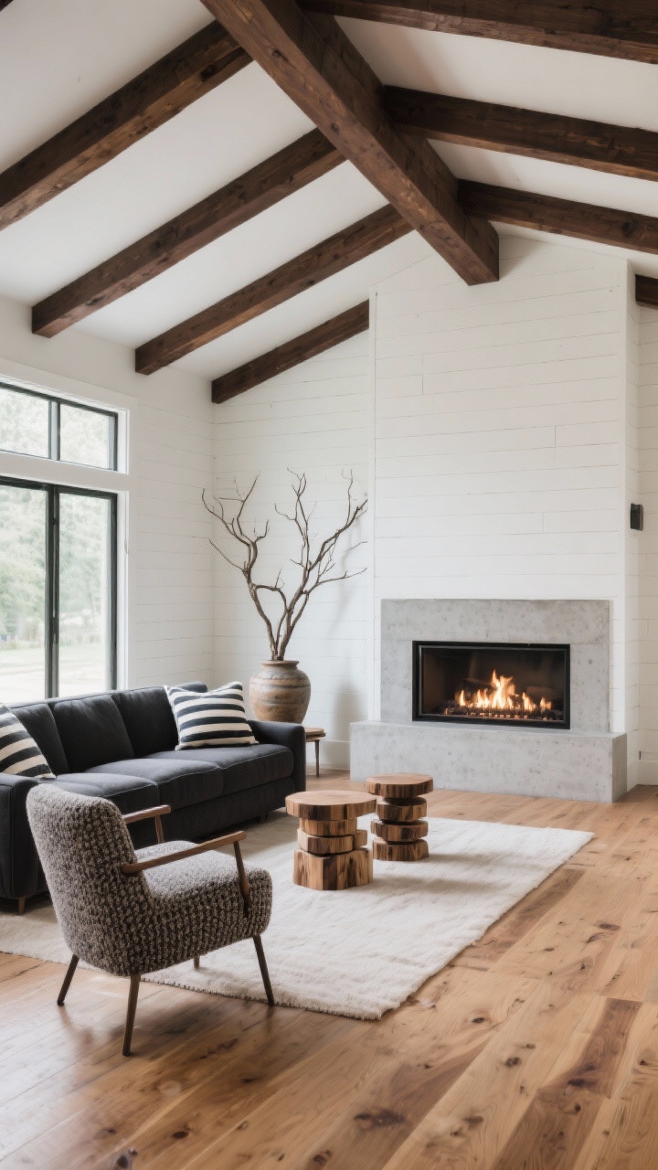 Wide, corner-angle shot of a modern ranch great room: wide-plank oak floors, espresso-stained exposed ceiling beams, crisp white shiplap walls; low, clean-lined charcoal sectional with boucle lounge chairs; linear gas fireplace with smooth concrete surround; striped pillows, stacked wood stools as side tables, and a sculptural branch in a ceramic urn add organic drama; balanced natural daylight and fireplace glow, photorealistic, no people