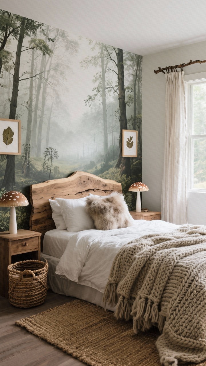 Wide corner shot of a woodland explorer room: misty forest mural spanning one wall, live-edge wood headboard centered against the mural, bed layered with a chunky knit throw, textures including a faux fur pillow, woven storage baskets, and a sisal rug, branch used as a curtain rod over a window, mushroom-shaped lamps on nightstands; pressed leaf art in simple frames; soft, natural morning light.