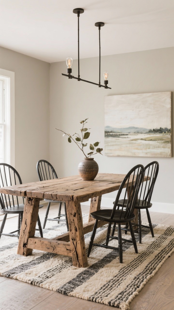 Wide dining room scene: reclaimed oak trestle farmhouse table with cracks and knots, surrounded by sculptural black spindle chairs; linear iron chandelier with exposed bulbs overhead; inviting greige walls; flatweave wool rug in sand and charcoal stripe; oversized unframed minimal landscape art in muted tones; handmade pottery vase with leafy branches as centerpiece; soft daylight.