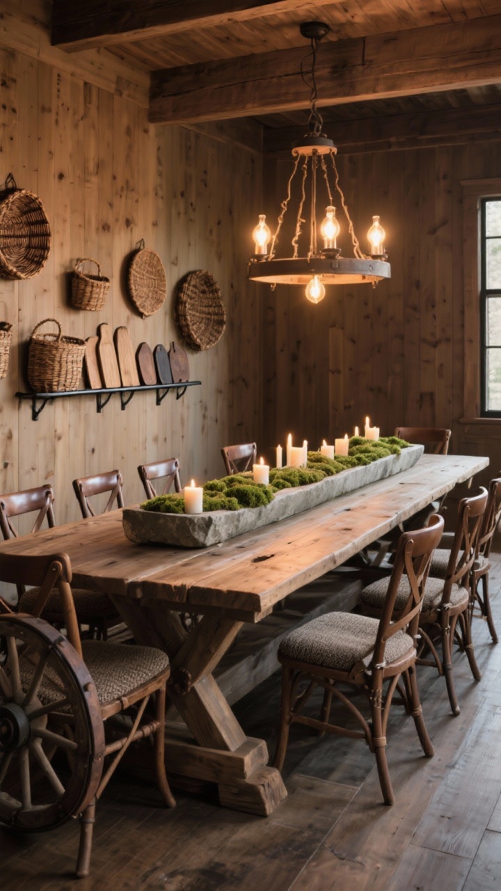 Wide dining room shot: a 12-foot reclaimed oak trestle table surrounded by leather sling chairs and tweed captain’s chairs at the ends; wagon wheel chandelier with Edison bulbs warming the wood tones; walls display woven baskets and a simple iron rail holding serving boards; a long stone trough centerpiece filled with moss and candles runs down the table; intimate evening glow, photorealistic, no people
