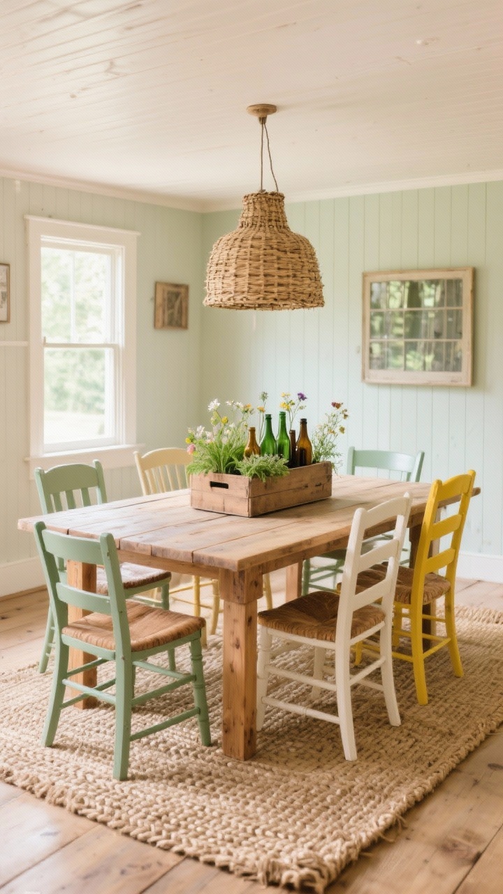 Wide dining room shot of a cottage space: a farmhouse table (DIY plank top feel) surrounded by mix-and-match wooden chairs painted sage, cream, and butter yellow. A woven pendant light overhead, jute or braided rug below, and a centerpiece of a crate full of herbs or a row of old bottles with wildflowers. Palette soft pastels, warm wood, natural fibers; bright morning light, photorealistic.