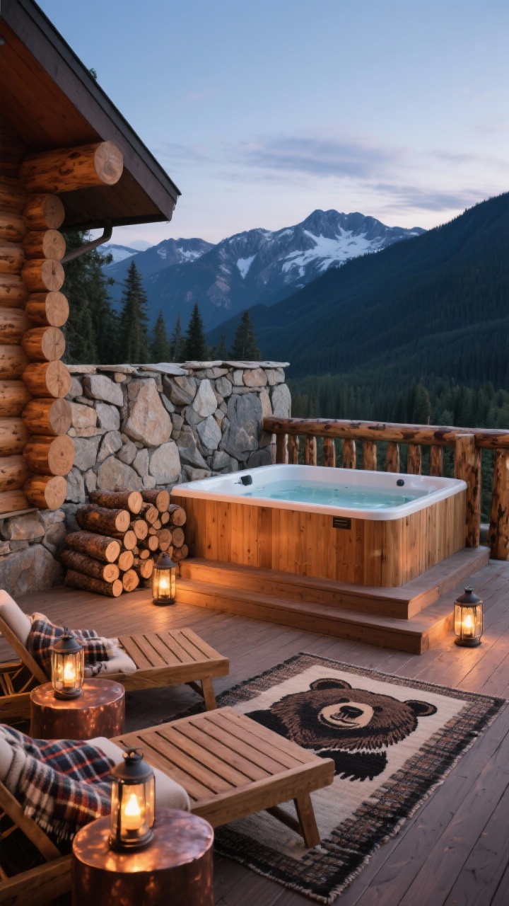 Wide dusk shot of a mountain-lodge hot tub deck: cedar-clad soaking tub sunk into a raised deck; chunky log railings and a split-face stone privacy wall adding texture and warmth; teak loungers with wool plaid throws; hammered copper side tables; lantern posts glowing; stack of cut logs; bear-print outdoor rug tying the lodge aesthetic; cozy-luxe ambiance, slight elevated angle.