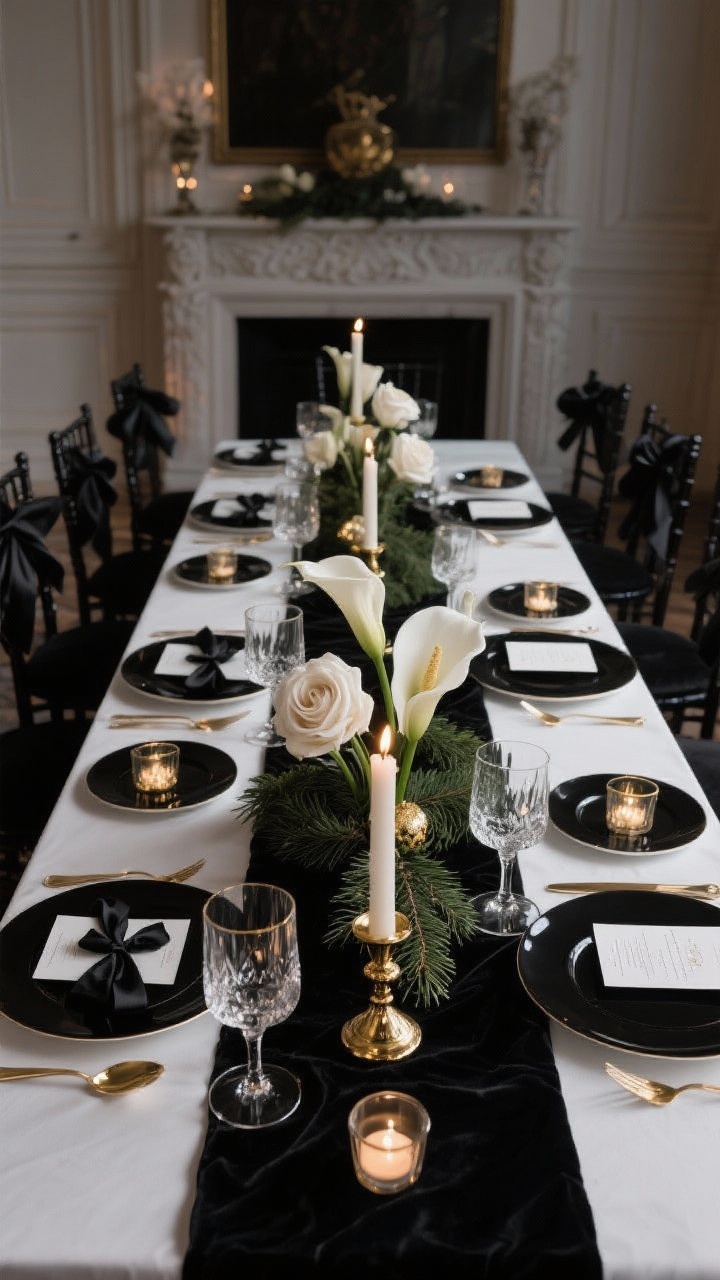Wide, elegant Parisian black tie dining scene: glossy black chargers beneath white porcelain, sleek gold flatware; black velvet runner anchoring a sculptural white floral centerpiece (calla lilies/roses) with evergreen sprigs; chairs finished with black bow sashes; a single gold ornament at each setting; crystal coupe glasses, lacquered candlesticks, ribbon-tied menus; dim lighting with smoky tea lights creating a moody glow; palette black, white, gold.