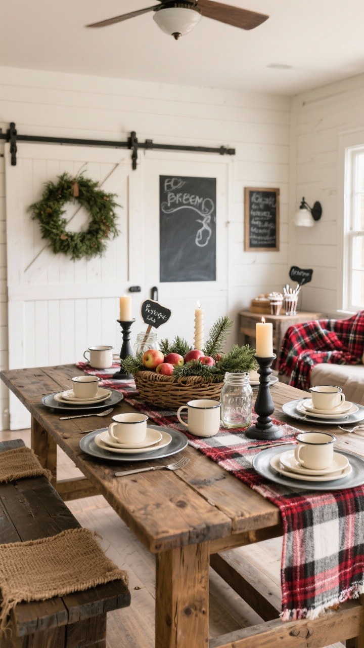 Wide farmhouse dining room view with plaid layers: reclaimed wood table with a buffalo check runner; galvanized chargers stacked with cream stoneware; center basket filled with cedar, apples, and pillar candles; black iron candlesticks, mason jar vases, chalkboard place cards; wreath on a barn door slider and a cozy hot cocoa station in the corner; plaid throws on benches, jute placemats, enamel mugs; palette black, white, farmhouse red, evergreen; warm, homey light.