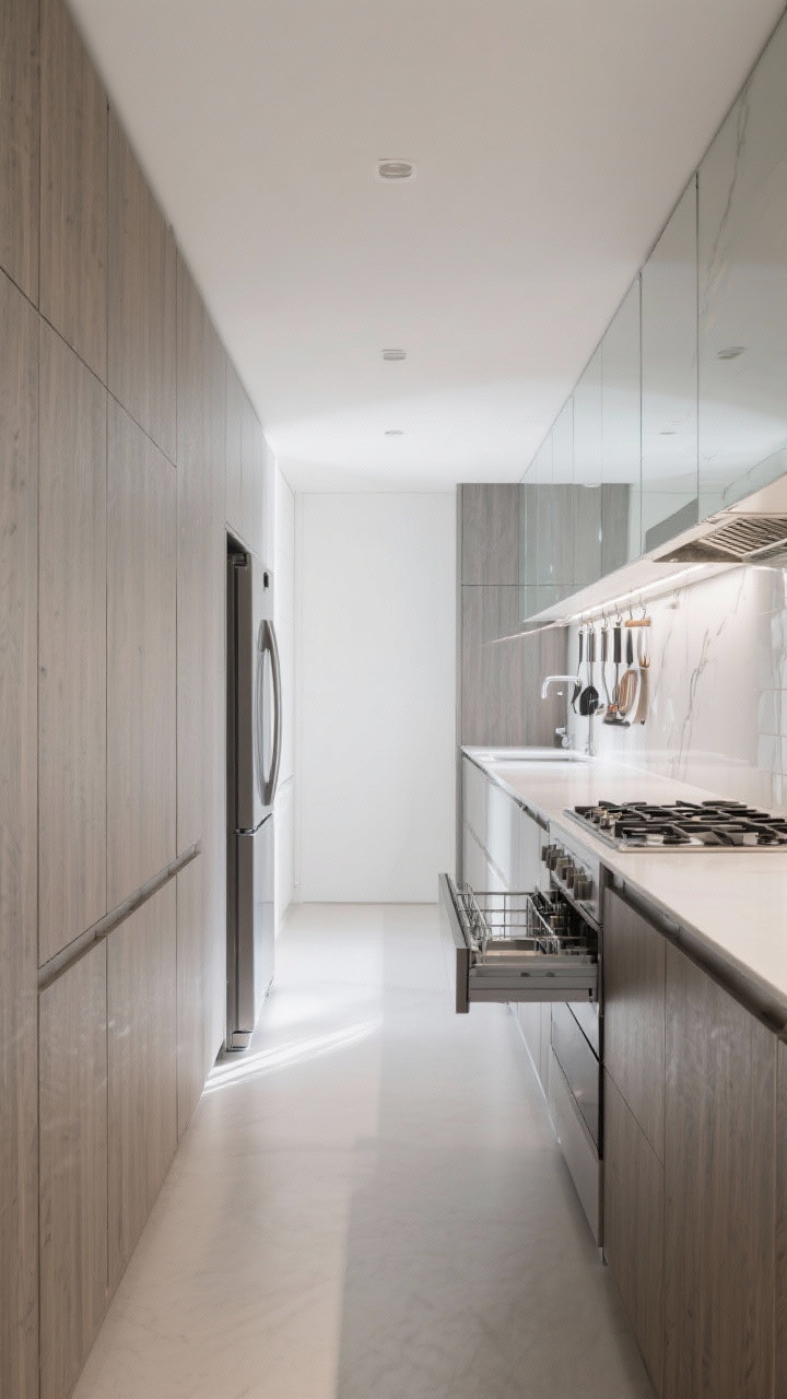 Wide galley kitchen, micro modern: full-height panel-ready fridge, integrated dishwasher drawer, minimal cooktop with vent concealed in cabinet crown; vertical grain running continuously on cabinet doors to elongate space; mirrored backsplash reflecting light; under-upper rail system with hanging utensils, keeping counters clear; slim