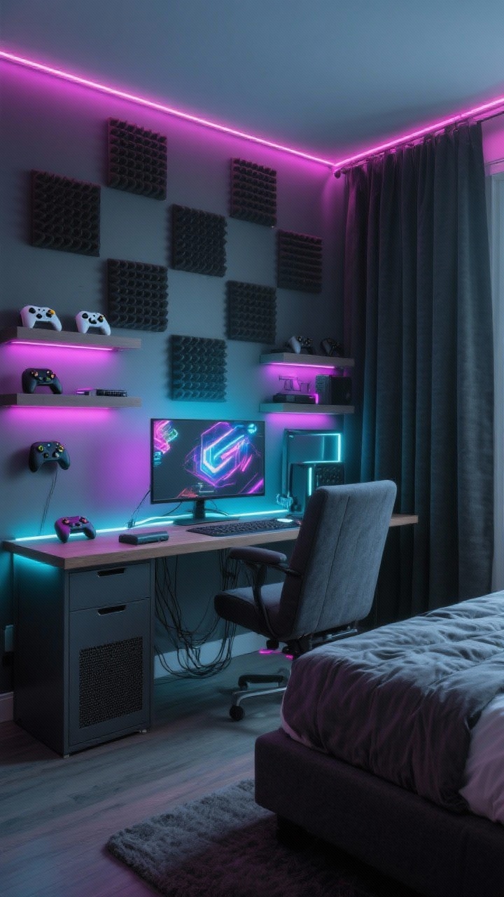Wide gamer’s retreat with cool slate walls and addressable RGB LED strips glowing behind a monitor, under floating shelves, and under the bed frame; floating desk with clean cable management and a slim soundbar; charcoal upholstered headboard, blackout curtains, foam acoustic panels arranged like wall art; controllers on magnetic mounts, consoles in a vented cabinet; moody ambient lighting with neon accents.