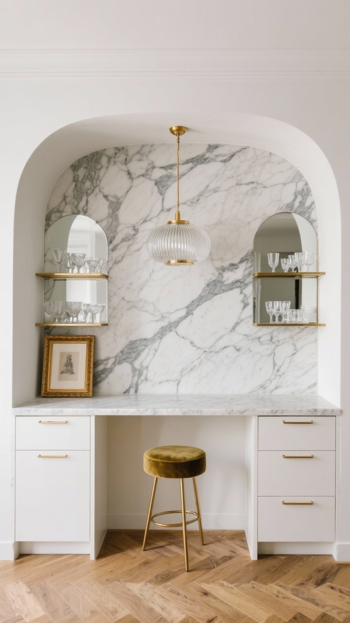 Wide glam niche, straight-on: Studio kitchen niche with a full-height marble slab backsplash featuring dramatic gray veining, matched to marble-look quartz counters. Lacquered ivory cabinets with slim champagne pulls gleam. Mirror-backed open shelves display crystal glassware and reflect the slab. A ribbed glass pendant in champagne hangs overhead; a petite velvet stool sits tucked under the counter. Slim gold picture frame leans against the slab. Herringbone wood floor adds contrast. Luxe, photorealistic lighting.