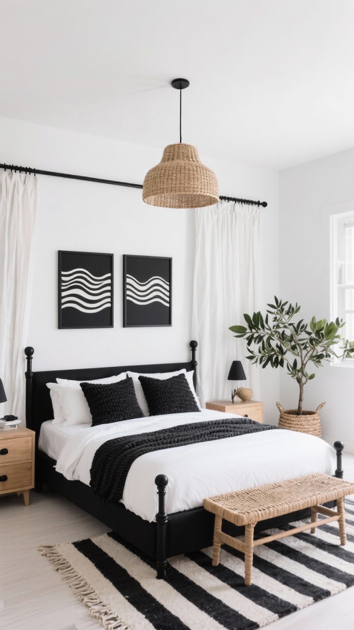Wide, graphic modern coastal black-and-white bedroom: crisp white walls, black metal canopy bed, black-trimmed linen curtains; white bedding with textured black pillows, a bold black-and-white striped rug; softened by a rattan bench at the foot and a woven pendant overhead; abstract wave prints in black frames, light oak nightstands with matte black pulls, and an olive tree or rubber plant in a basket planter; clean, balanced daylight.