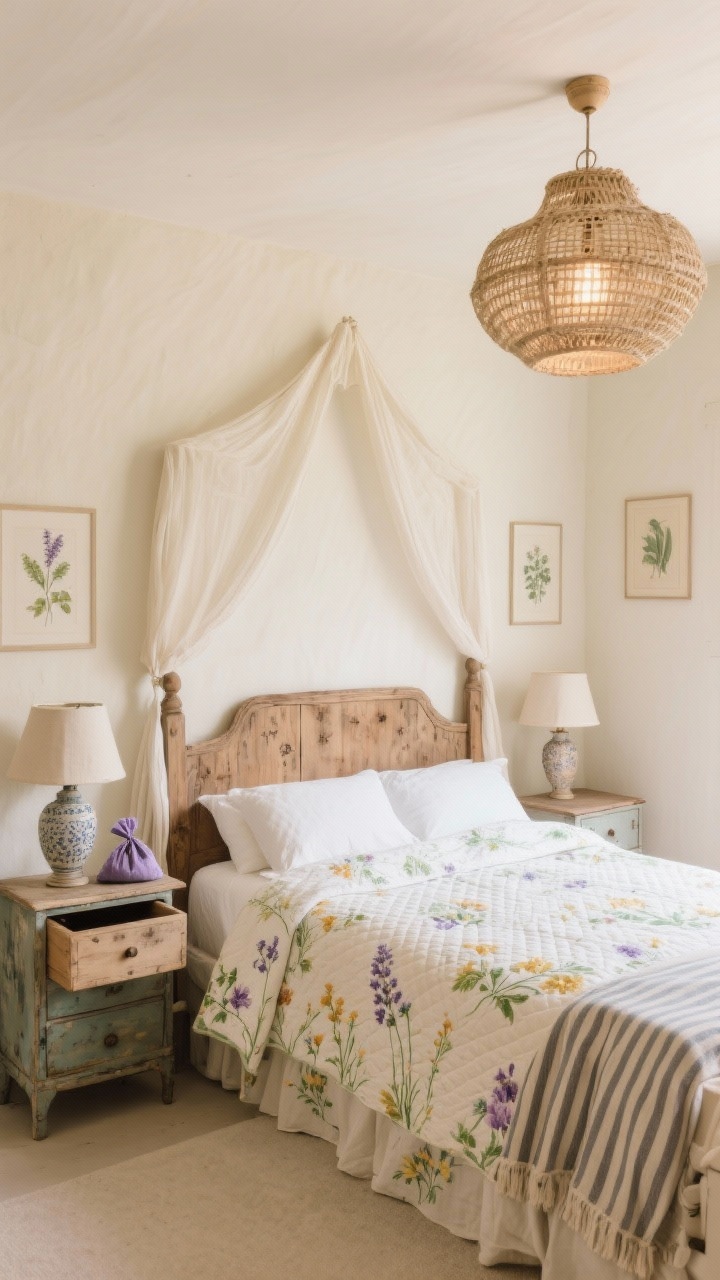 Wide guest suite with a romantic, rustic feel: feather-light buttermilk walls; hand-carved wooden bed dressed in floral quilted bedding evoking meadow wildflowers; woven canopy pendant adding warm glow; mismatched antique nightstands with ceramic lamps and linen shades; botanical prints on the wall, a lavender sachet peeking from an open dresser drawer, and a striped throw at the bed’s foot; soft, welcoming light, photorealistic, no people