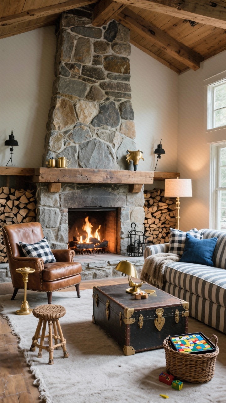Wide hearth-centered gathering room: Dominant stone fireplace with chunky hearth beam and neatly stacked firewood nook; furniture grouping of a leather club chair, a deep ticking-stripe sofa, and a trunk-style coffee table; brass reading lamp and a small woven stool as a movable side table; textiles include a wool throw, buffalo-check pillows, and a denim-blue cushion; accents in aged brass and blackened iron; basket of board games by the hearth; warm firelight mixed with ambient lamplight, photorealistic.