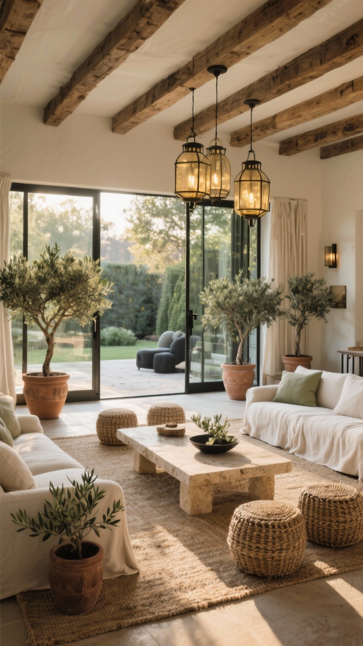 Wide indoor-outdoor lounge: accordion glass doors fully open to the backyard; exposed timber beams inside; linen slipcovered sofas in soft stone around a low travertine coffee table; woven ottomans, olive trees in clay pots, textured jute rug; palette of sand, putty, olive, and a line of soft black; oversized aged-iron lantern pendants; golden late-afternoon light.