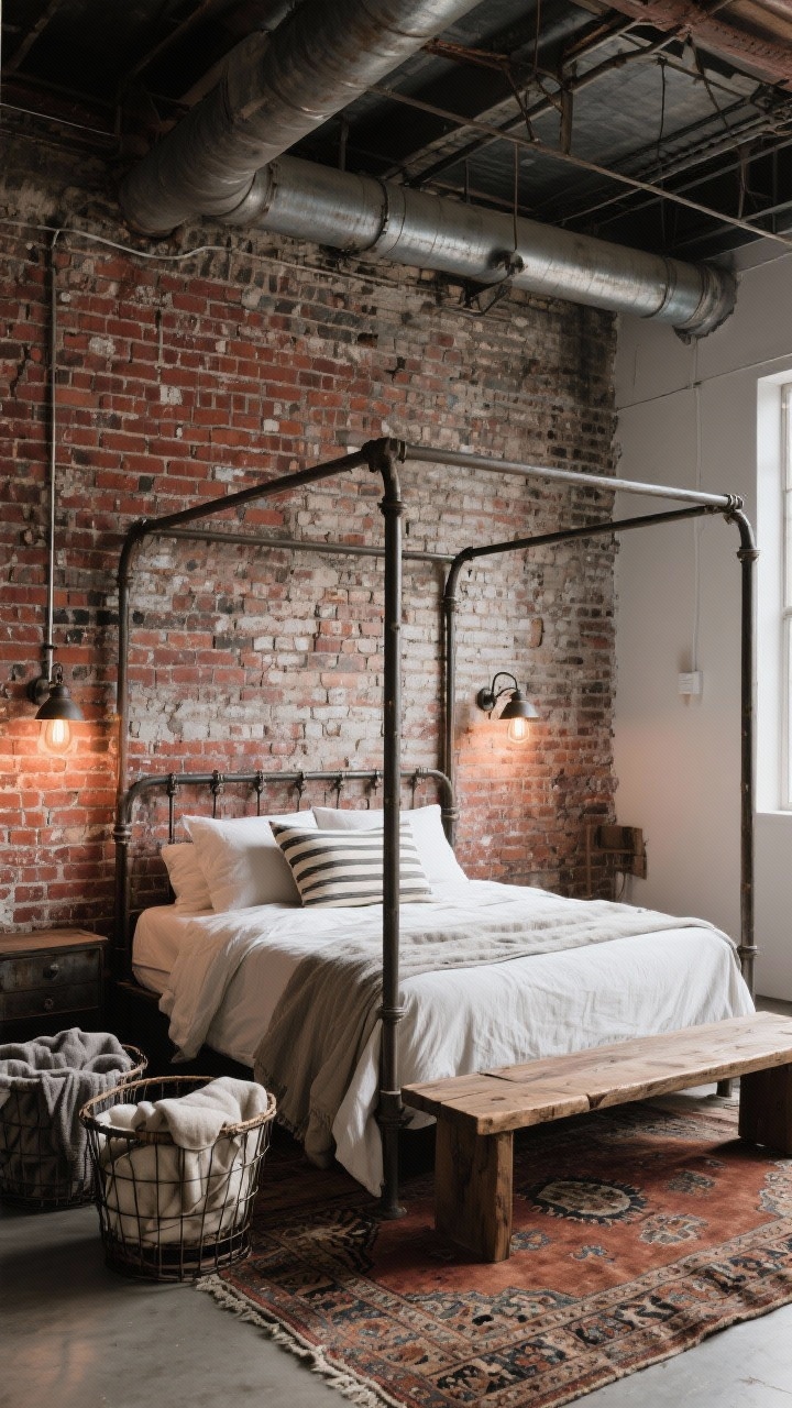 Wide industrial farmhouse loft: exposed brick wall backdrop, metal canopy bed with simple linens, vintage factory sconces mounted on brick, rough-hewn wooden bench at the foot, washed cotton duvet with a striped lumbar pillow, worn Persian-style rug; wire baskets with folded extra blankets; palette rust, brick red, charcoal, linen white; mixed natural and sconce lighting; oblique angle emphasizing height.