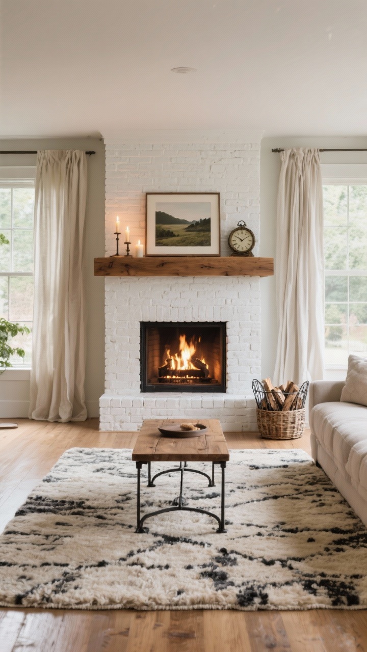 Wide living room shot focused on the hearth: a whitewashed brick fireplace topped with a thick wood mantel styled with candles, a vintage clock, and a framed landscape. A wool rug anchors an iron-and-wood coffee table; linen curtains frame the scene. Add a wicker or wire firewood basket. Palette stone, oatmeal, charcoal, warm wood; warm firelight mixed with soft ambient light, photorealistic.