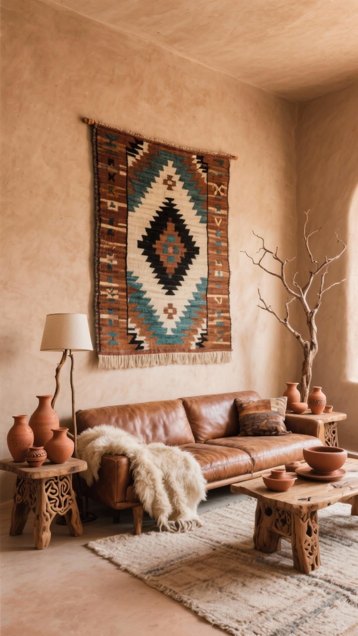 Wide living room wall: soft adobe-toned wall with a vintage Navajo rug hung as a large tapestry; low leather sofa in front, carved wood end tables, terracotta pottery collection; branch-like floor lamp, sheepskin throw draped; palette adobe, saddle brown, cream, ink black, teal; textures woven wool, leather, terracotta, raw wood; warm ambient light; corner perspective.