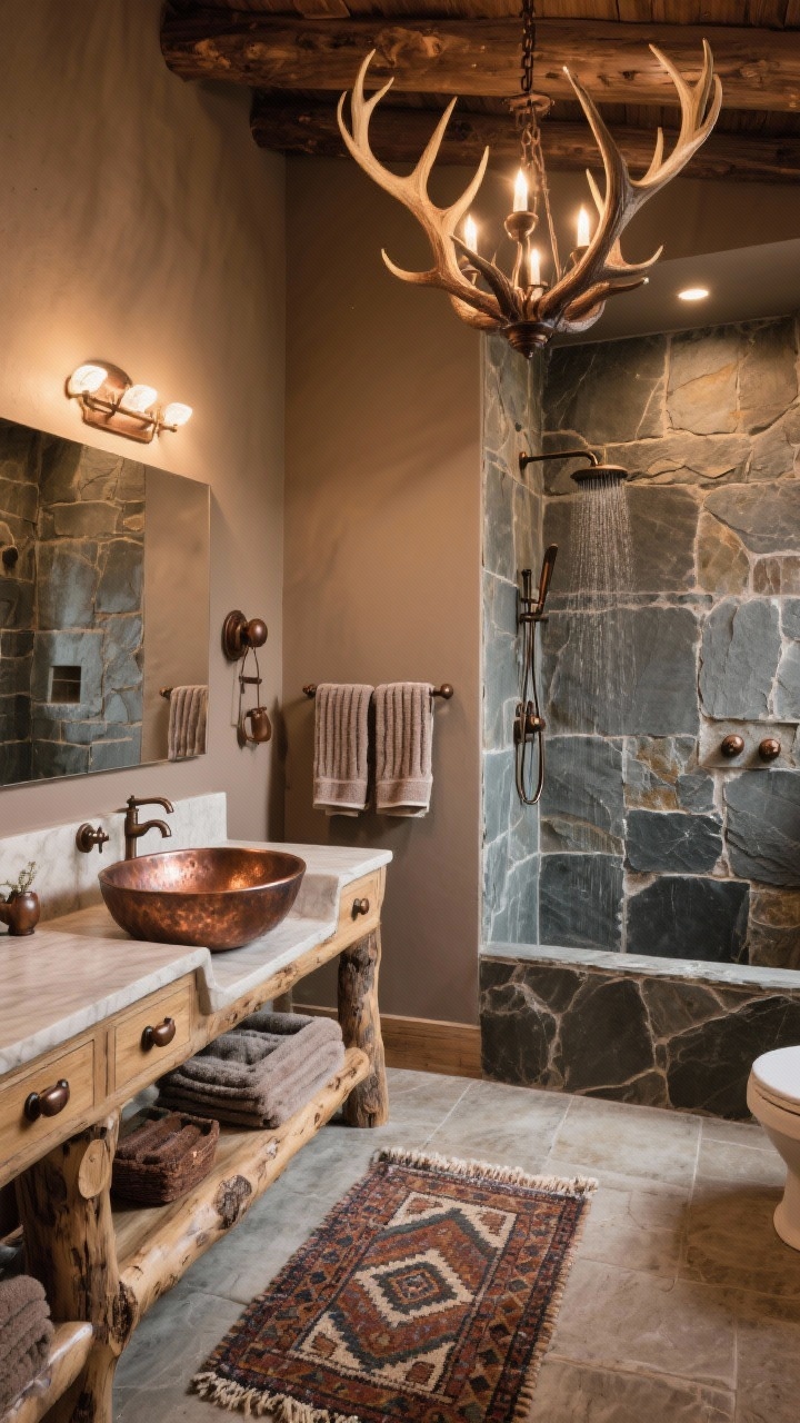 Wide lodge-luxe bathroom with split-face slate shower walls, a thick log-style vanity holding a hammered copper sink, and warm taupe painted walls; oil-rubbed bronze fixtures; antler-inspired chandelier overhead; leather drawer pulls visible on the vanity; wool kilim mat on the floor and plush ribbed towels on a rack; warm ambient lighting with highlights on copper and slate textures; photorealistic.