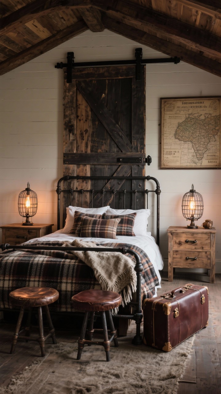 Wide lodge-meets-farmhouse retreat: dramatic reclaimed barn door on black sliding hardware, cast-iron bed centered, chunky plaid blankets layered with a wool throw, rustic solid wood nightstands, industrial cage lamps with warm bulbs, dark bronze pulls, vintage map art on wall; leather stools at end of bed for luggage; palette espresso, oxblood, pine, cream; moody evening glow; straight-on shot.