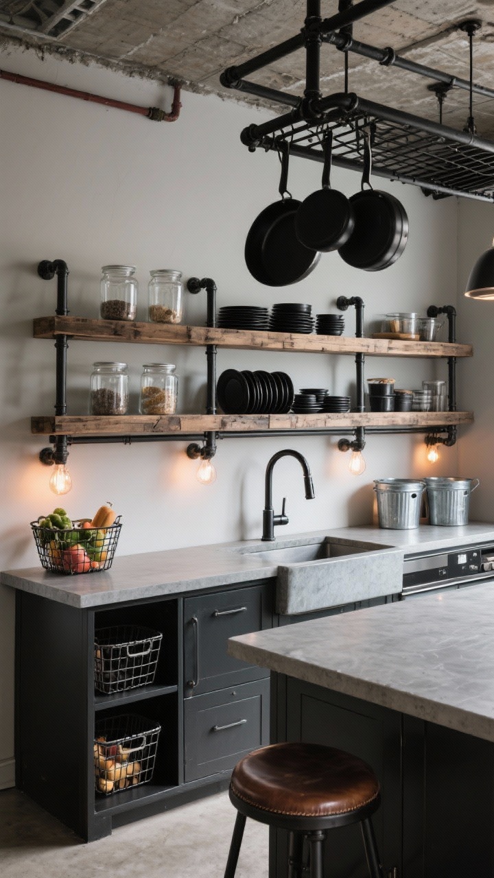 Wide loft-style kitchen scene: black iron pipe shelving with reclaimed wood planks holding clear canisters, matte black dinnerware, wire baskets of produce; concrete-look laminate countertop; ceiling-hung pot rack above the island with pans; black gooseneck faucet at the sink; galvanized bins peeking from open lower cabinet; warm Edison bulbs and a leather-seated stool adding contrast; industrial mood.