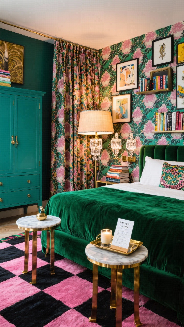 Wide maximalist guest suite shot: bold patterned wallpaper on the walls, patterned drapes, and a contrasting rug, color story anchored in emerald, blush, and black. Statement velvet bed in emerald with brass-and-marble side tables, painted armoire, and mixed metals throughout. Oversized shade floor lamp and a pair of crystal sconces. Eclectic salon wall of art, stacked books, a scented candle, and a printed room service-style info card on a tray. Vibrant, layered lighting.