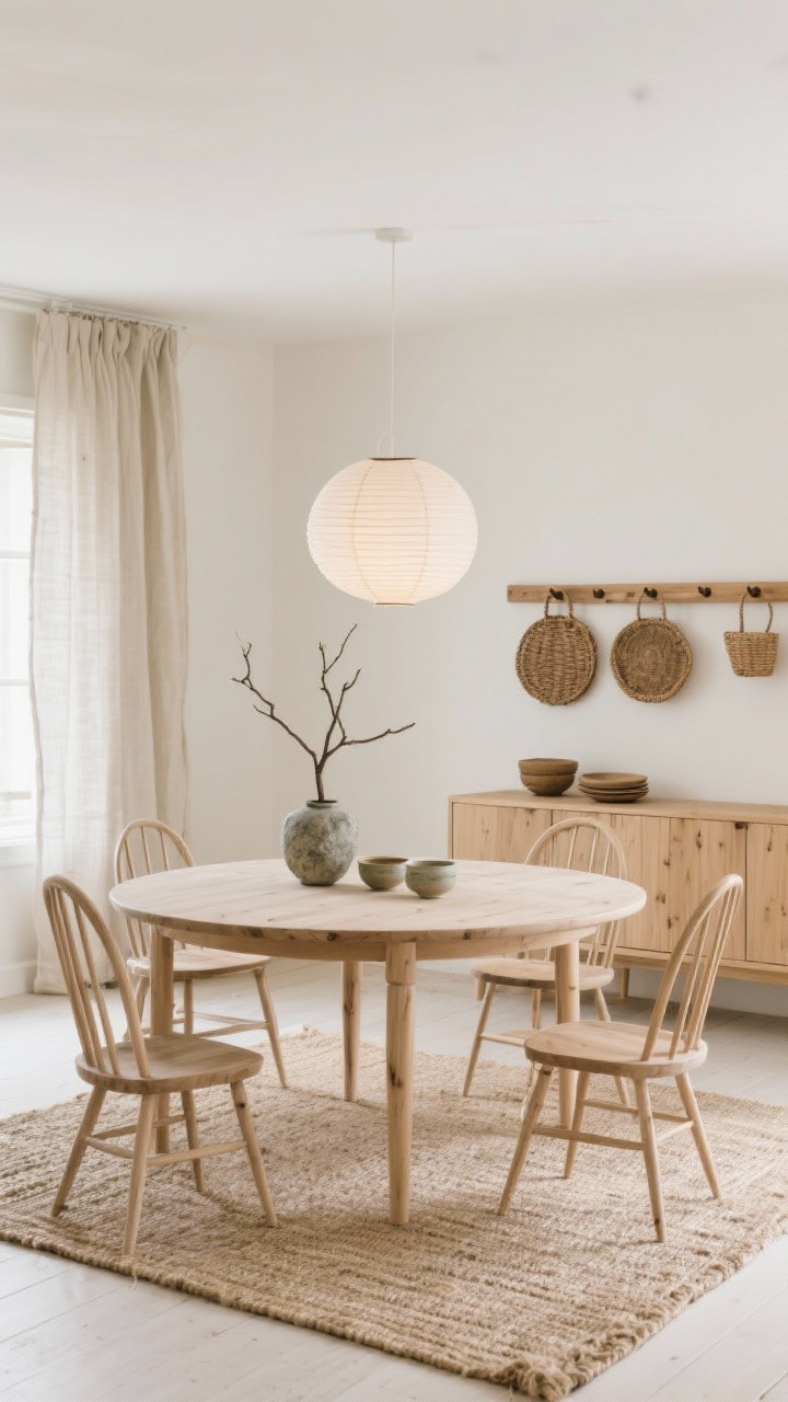 Wide, minimalist Scandinavian rustic dining space: round light-oak table with tapered legs, curved spindle dining chairs in natural ash, creamy walls, natural linen drapes, flatweave jute rug, paper lantern pendant casting a soft glow, a single sculptural branch in a stone vase on the table, ceramic serveware, oak peg rail with woven baskets, low wide sideboard showcasing simple wood grain; palette oat, bleached oak, white, soft moss.