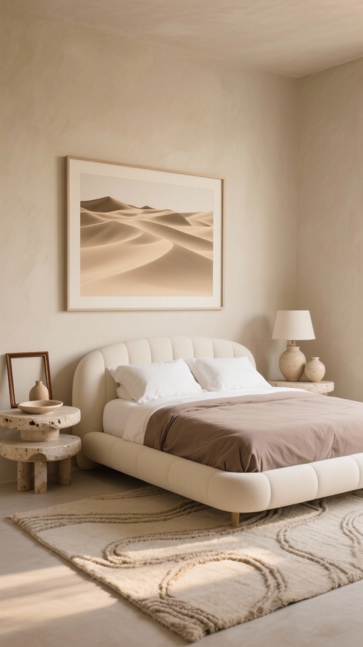 Wide minimalist scene of monochrome sand dunes style: beige walls, taupe bedding, cream accents forming a cohesive sand-toned palette; a sculptural upholstered bed with curved edges, rounded nightstands, and a plaster-look table lamp; textured wool rug with a barely-there wave pattern; oversized neutral-toned abstract dunes art with generous matting; ceramic vessels and a travertine tray on a nightstand, one smoky bronze frame as subtle contrast; warm, golden-hour lighting.