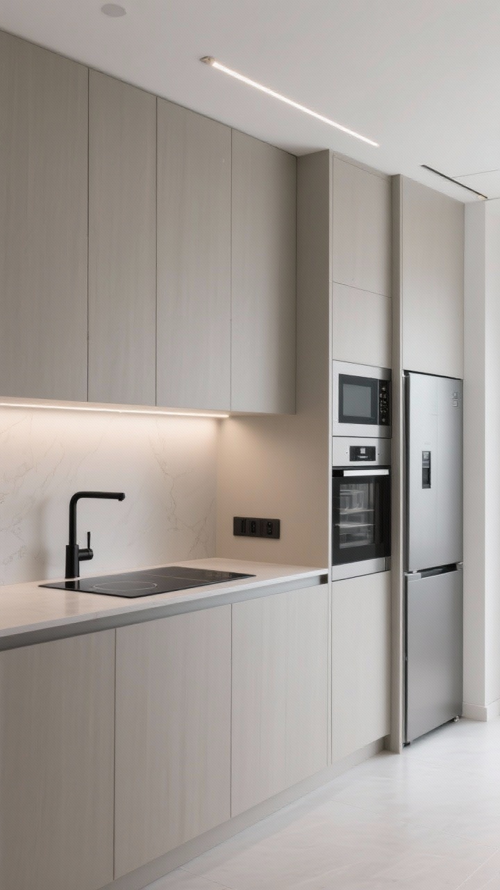 Wide, minimalist straight-on: Sleek micro-kitchen wall with full-height seamless greige laminate panels concealing fridge, microwave, and pantry. A solid-surface waterfall edge counter with concealed induction cooktop flush to the surface; pocket doors partially slid open to reveal appliances. A flush black faucet aligns with clean lines. Recessed channel LEDs with a dimmer create even, shadow-free illumination. Palette: greige, white, matte black. Ultra-minimal, photorealistic.