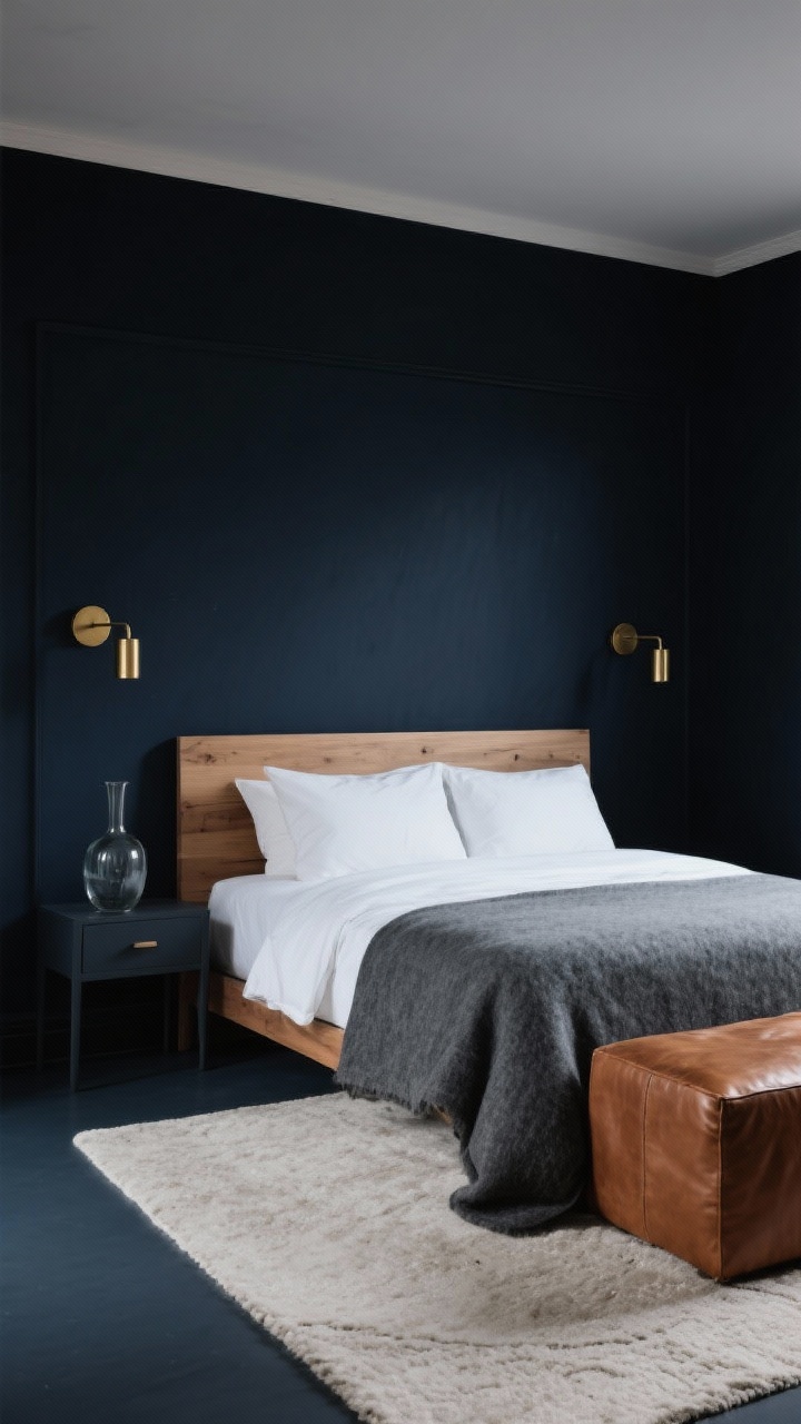 Wide moody atmosphere: Midnight Scandi guest room with deep midnight blue-black walls; natural oak headboard, crisp white sheets, and a slate wool duvet create striking contrast; warm brass sconces provide ambient glow; a caramel leather ottoman at the foot adds texture; pale rug lightens the floor; a single smoky glass vase sits on the nightstand; balanced composition of dark walls and light elements.