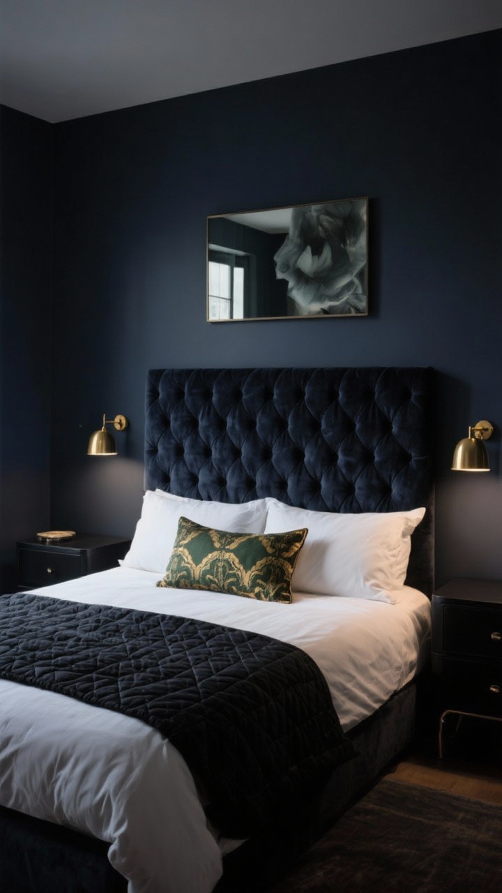Wide, moody boutique bedroom with deep charcoal walls (or midnight navy), channel-tufted inky velvet headboard, brass swing-arm sconces illuminating matte black nightstands; high-contrast bedding with white percale sheets, black quilt, patterned cushions in olive and gold; smoky mirror and abstract art add drama; low, atmospheric evening lighting, straight-on view.
