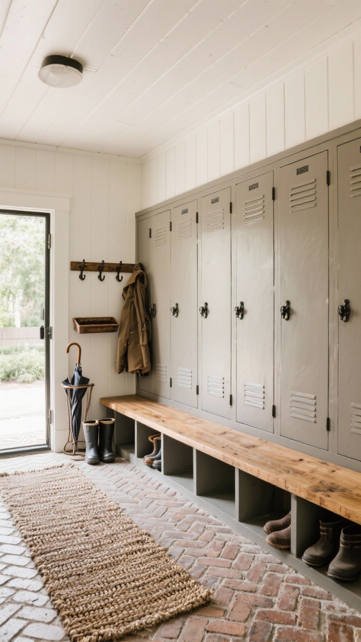 Wide mudroom entry: thin brick pavers in basketweave, lightly limewashed; locker-style cabinets in warm gray with black hardware; natural wood bench spanning the room with cubbies below; abundant hooks along the wall; rugged runner on the floor; V-groove plank ceiling painted warm white; boot tray, umbrella stand, vintage coat rack; functional, durable, lived-in feel.
