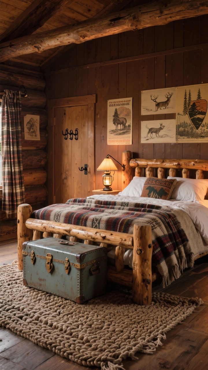 Wide nostalgic vintage lodge bedroom: log-style or chunky timber bed frame, paneled walls stained mid-brown; classic wool camp blankets and pendleton-style patterns layered on the bed; trunk storage at the foot; enamel-shade sconces and lantern-style bedside lamps casting warm cabin light; vintage national park posters and wildlife sketches on the walls; plaid curtains, iron hooks by the door, and a braided wool rug on the floor; cozy, timeless lodge atmosphere.