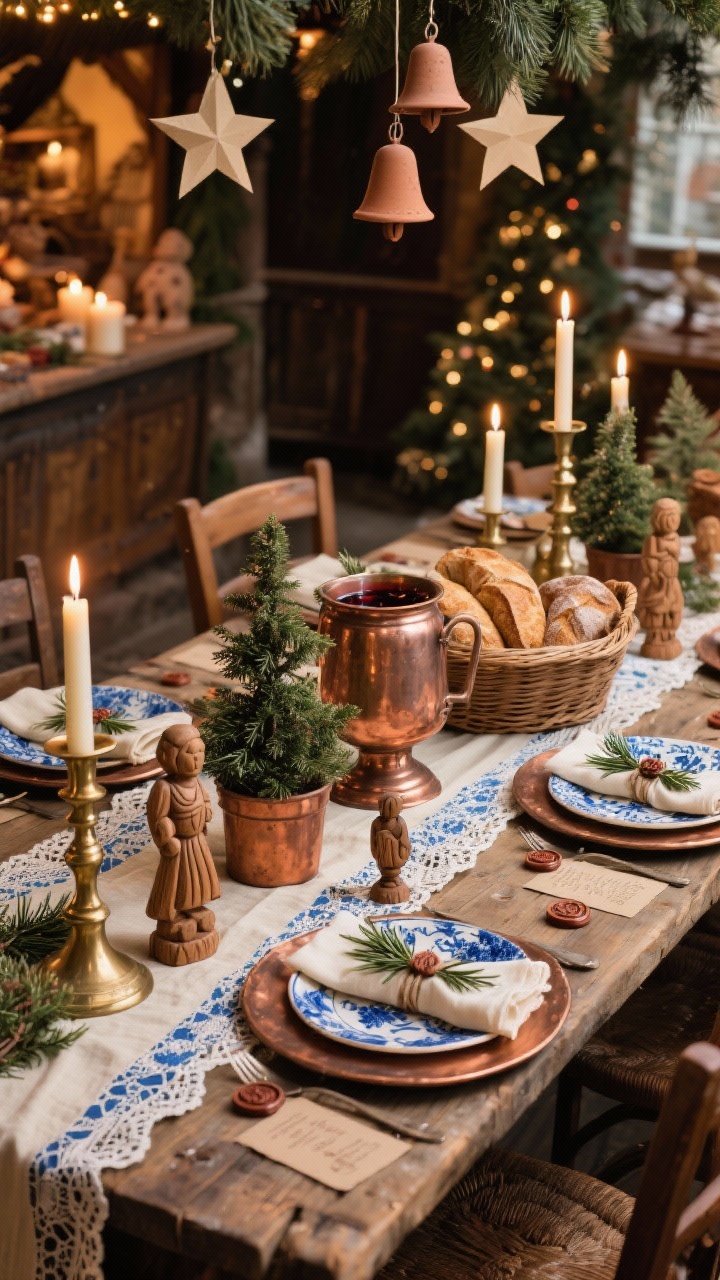 Wide old-world European Christmas market dining scene: lace-trimmed runners on a rustic table; copper pots holding mini trees; brass candlesticks at varying heights; paper stars and clay bells scattered for handmade charm; blue-and-white porcelain atop aged copper chargers; linen napkins tied with rosemary sprigs; mulled wine urn and a basket of artisan breads integrated into the tablescape; carved wooden figurines, wax-sealed place cards, embroidered chair ribbons; palette delft blue, cream, copper, evergreen; warm, candlelit ambience.