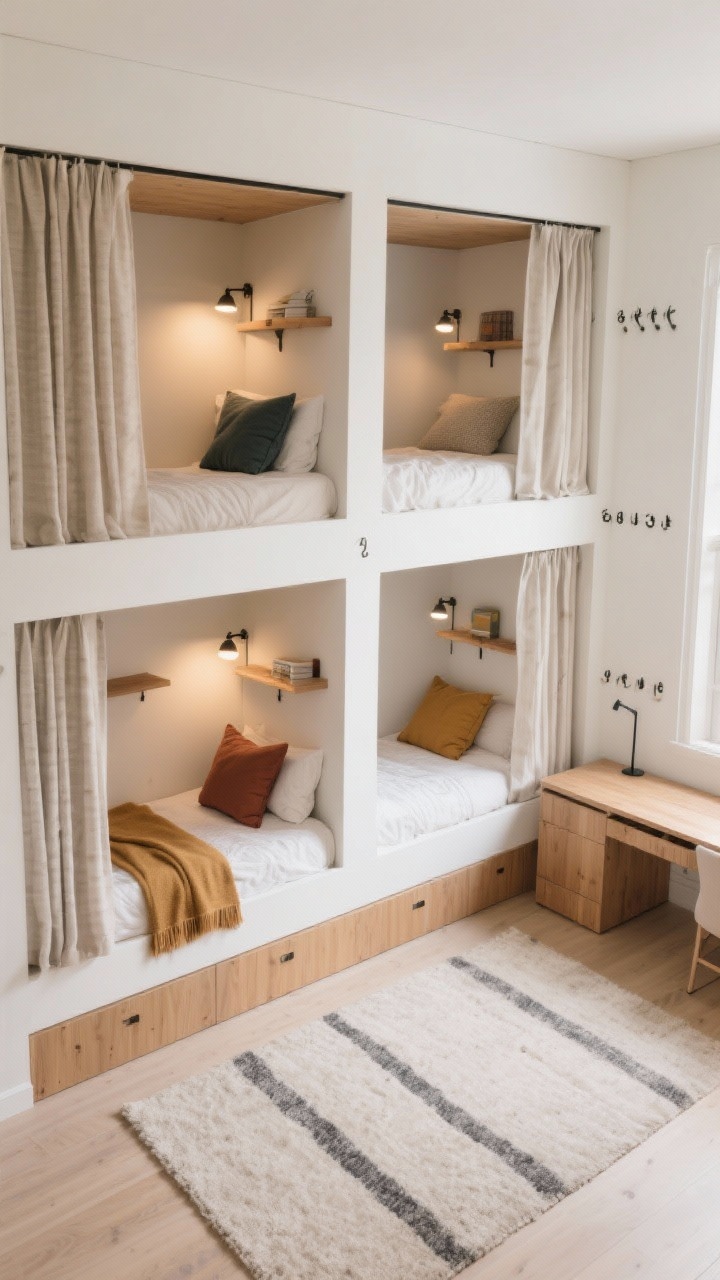 Wide overhead angle: Space-savvy sibling bunk studio with wall-mounted bunks, each with curtain panels closed halfway for privacy, clip-on reading lights glowing inside, and small personal shelves. Airy shared floor with a slim modular desk, soft low-pile rug. Neutral base bedding with two distinct accent colors for throws and pillows, numbered bunks and hooks along the wall. Palette: warm white, natural wood, two accent hues. Clean, balanced light.