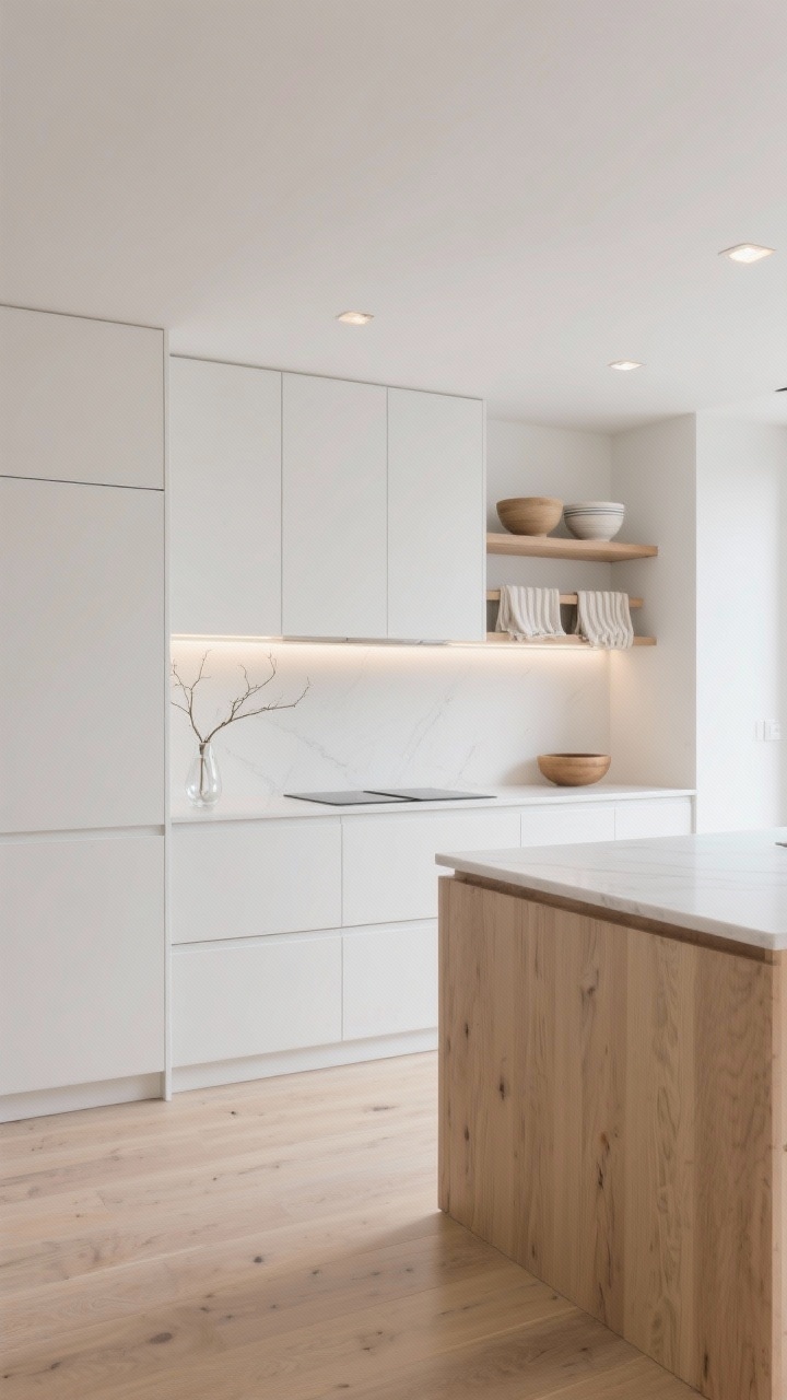 Wide, photorealistic Scandinavian minimalist apartment kitchen: soft matte white flat-front cabinets without handles, slim white quartz countertop, pale ash wood floor, tight palette of white, soft beige, and natural oak; oak open shelf with ceramic mixing bowls and linen tea towels; fluted wood toe-kick detail; single clear glass vase with a branch; thin linear LED over the counter and tiny recessed spots for an even glow; clean, airy, serene mood; straight-on view.