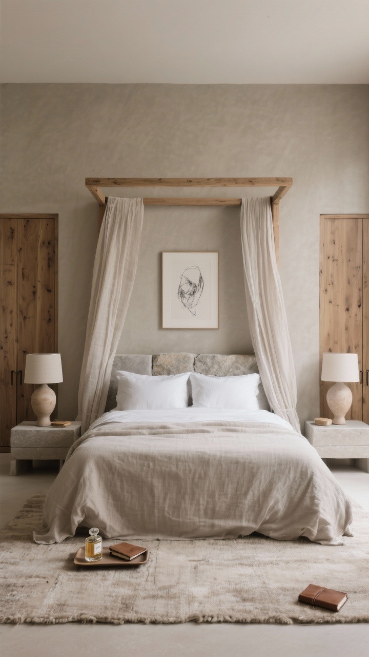 Wide primary suite: Stone-and-linen serenity with a simple wood canopy bed draped in gauzy linen panels; walls in warm greige; two skinny pine wardrobes flanking the bed; large neutral rug underfoot; sculptural ceramic lamps on minimal bedside surfaces—only a tray, a perfume bottle, and a leather-bound journal; single framed charcoal sketch above the headboard; palette of greige, fawn, and soft charcoal; calm, diffused light, photorealistic.