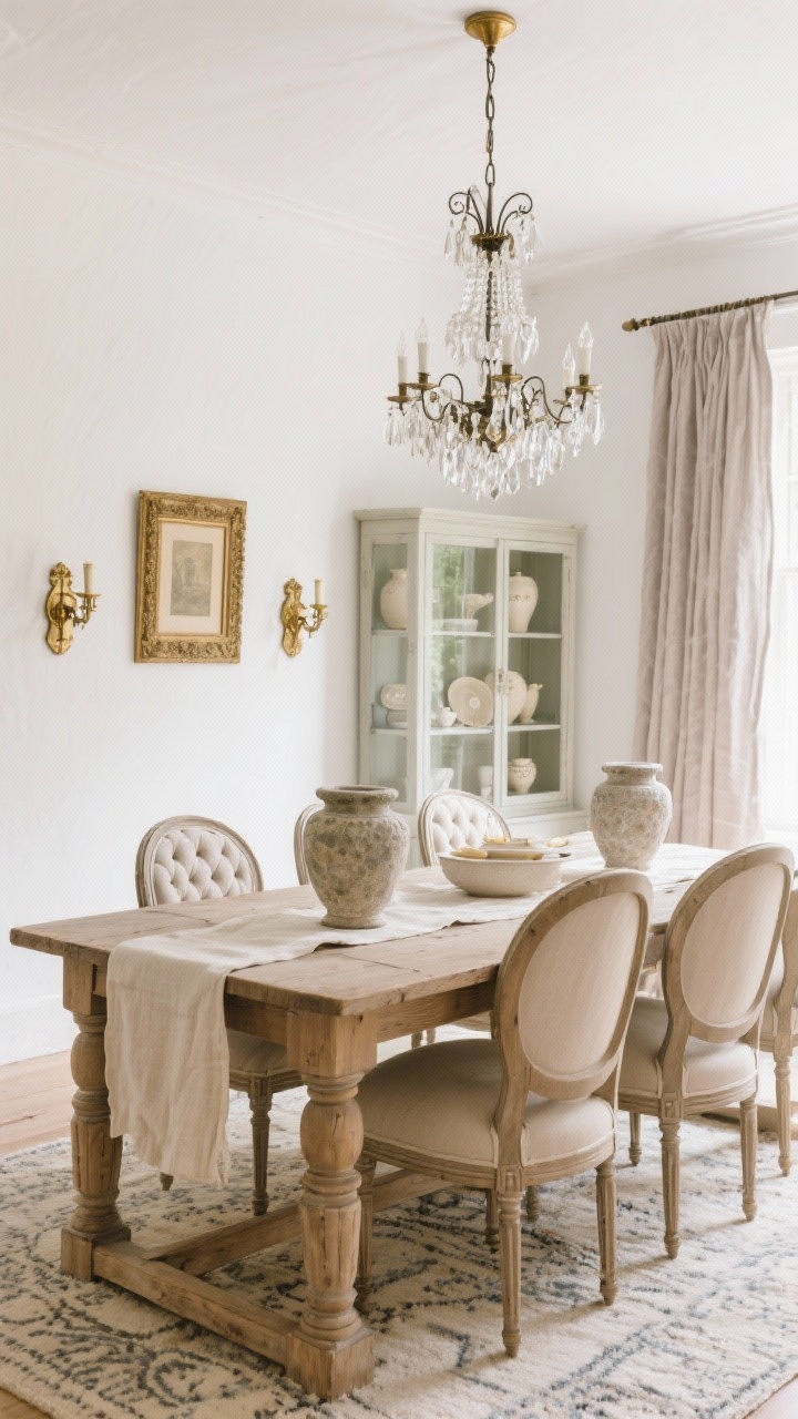 Wide refined rustic dining room: French farmhouse table with turned legs paired with tufted upholstered chairs in oatmeal linen, warm white walls, light taupe drapes, subtle patterned wool rug, aged brass sconces flanking the scene, crystal-meets-iron chandelier adding soft sparkle, stone urns and linen runners, antique gilt frames on the wall, a glass-front hutch styled with cream ceramics; palette warm white, oatmeal, light oak, aged brass; soft, polished lighting.