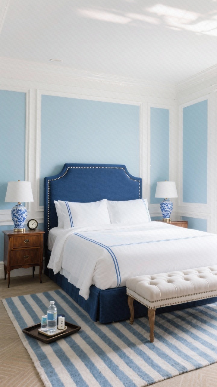 Wide room shot: A classic blue-and-white hotel-style guest suite with pale blue walls, white paneled trim, and a navy upholstered headboard with nailhead trim; crisp white sheets with blue piping, ceramic blue-and-white lamps on polished wood nightstands, a striped rug, a tufted bench at the foot, and a tray with fresh water, a small clock, and travel-sized toiletries; bright, refined daylight, photorealistic.