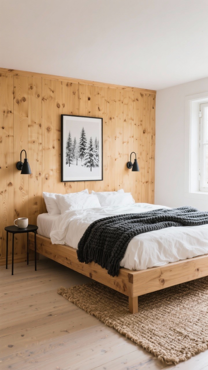 Wide room shot: A Nordic cabin-chic guest bedroom with honey-toned pine wall paneling, a low-profile oak platform bed dressed in ivory linen bedding, topped with a chunky charcoal knit throw; matte black sconces flank a single grayscale art print of snowy pines; woven jute rug underfoot, petite black metal side table with a minimal ceramic cup; warm wood, cream, and charcoal palette, natural beeswax finish on woods, soft morning light through an unseen window.