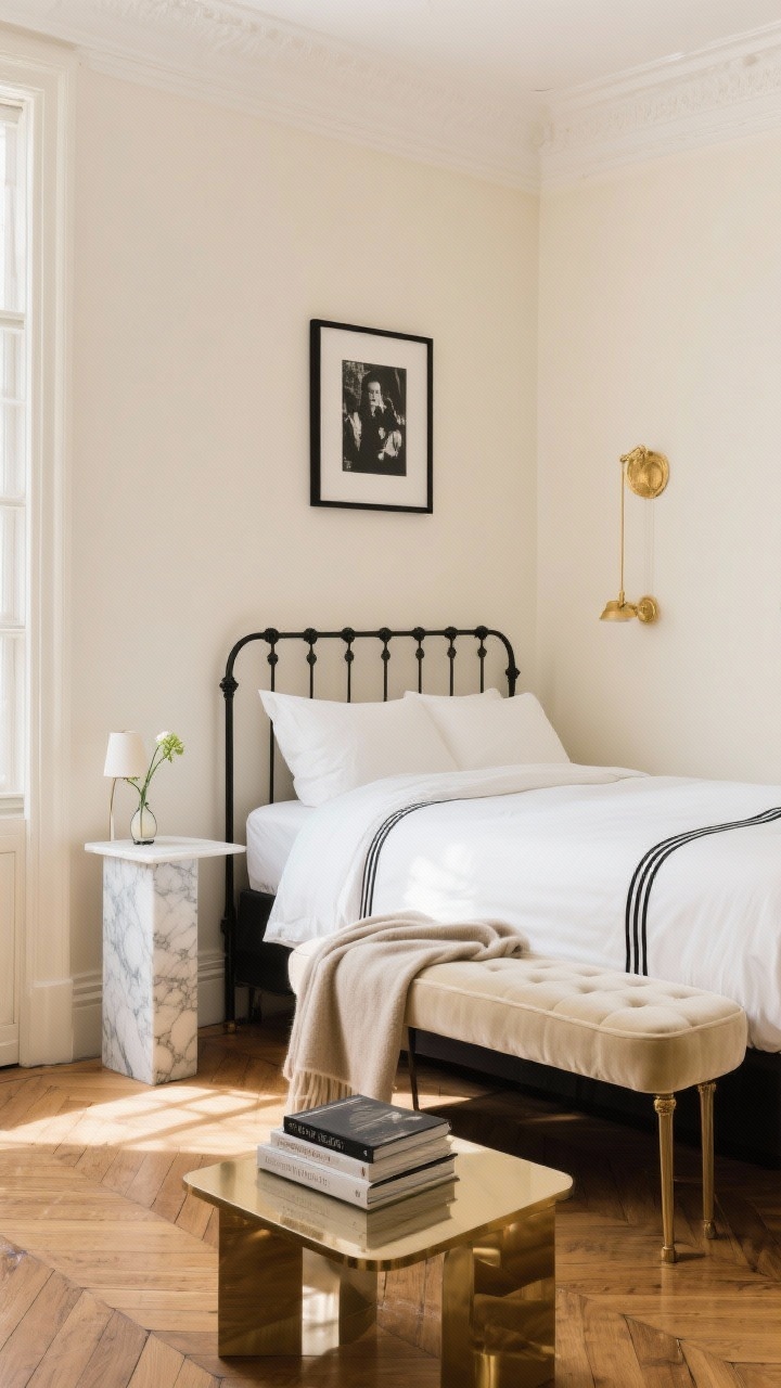 Wide room shot: A Parisian-inspired guest bedroom with cream walls and herringbone parquet flooring, a black iron bed dressed in crisp white sheets with black piping, a cream velvet bench at the foot, and a slim marble-topped nightstand holding a petite reading lamp and a single bud vase; framed black-and-white photography on the walls, a soft gold accent, a cashmere throw and glossy coffee table books on the bench; bright natural daylight streaming in, elegant boutique-hotel mood, photorealistic.