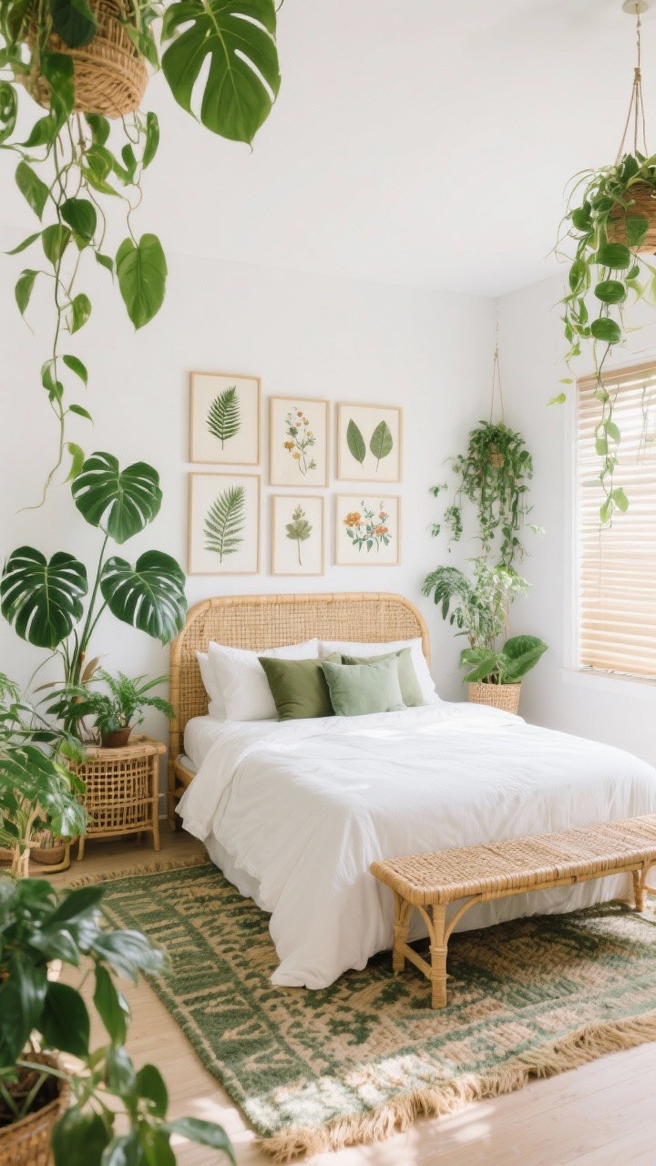 Wide room shot, Botanical Rattan Retreat: white walls, light rattan headboard, white percale bedding with sage and olive pillows; abundant plants—monstera, pothos, trailing philodendron at mixed heights; green-tinged kilim rug; bamboo blinds filtering daylight; cane bench at the foot of the bed; botanical gallery wall with framed fern prints, pressed leaves, and vintage florals; textures cane, linen, woven grass; bright natural light, photorealistic.