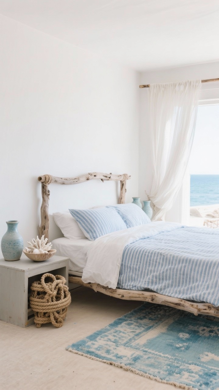 Wide room shot, Coastal Boho Breeze: soft white walls, driftwood-framed bed, blue-striped linen duvet; sea-salt ceramic vases and woven rope accents on nightstand; faded blue Turkish rug; gauzy curtains billowing with daylight; shell bowl and bleached coral piece on nightstand; palette white, salt blue, driftwood, sand; textures rope, linen, weathered wood; airy seaside light, photorealistic.