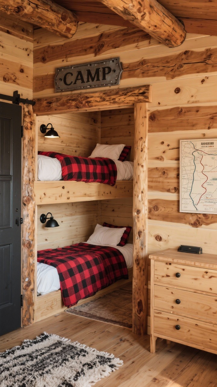 Wide room shot of a cabin-inspired boys’ bunk nook: warm knotty pine shiplap wrapping all walls, built-in twin bunk alcove framed by chunky pine beams, red-and-black buffalo plaid bedding layered with cream sheets, matte black metal sconces mounted above each bunk, wool rug on the floor, simple pine dresser with a vintage trail map above it, metal camp sign over the door; palette of pine wood, charcoal, cranberry red, and cream; cozy mountain cabin mood, soft warm lighting.
