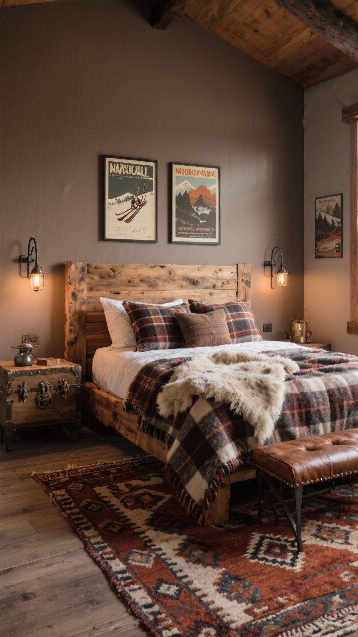 Wide room shot of a modern rustic lodge bedroom: warm taupe walls, solid rough-hewn wood bed with flannel shams, plaid wool blankets, and a shearling throw. Kilim rug on the floor, iron sconces flanking the bed, trunk-style nightstand, and a leather bench at the foot. Color accents in taupe, espresso, rust, ivory. Include framed vintage ski or national park posters on the wall and subtle metal accents. Cozy, warm evening lighting.