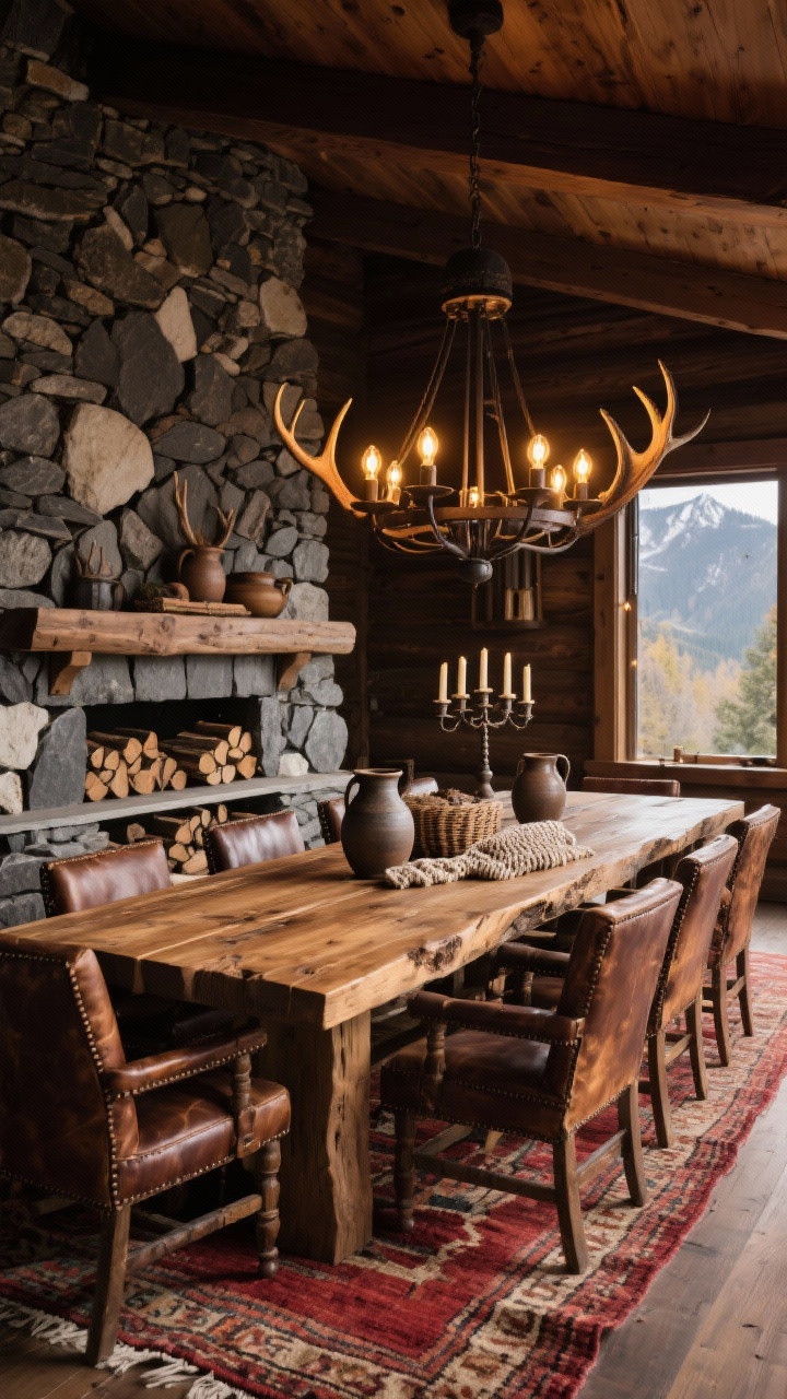 Wide room shot of a mountain lodge dining room: a massive reclaimed live-edge timber table surrounded by high-back leather chairs with natural patina, an accent wall of stacked fieldstone behind, large iron chandelier with warm Edison bulbs casting a golden glow, handwoven wool rug in earthy reds and creams underfoot, antler-style candelabra on the table, heavy ceramic pitchers, woven throws on a chunky console that also holds stacked firewood; color palette deep brown, saddle leather, charcoal stone, cream; cozy, warm atmosphere.