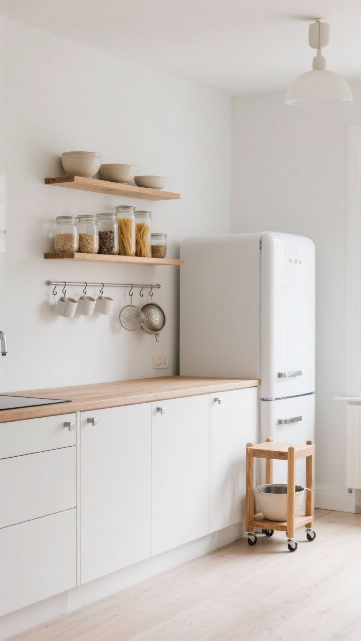 Wide room shot of a Scandinavian apartment kitchen: matte white lower cabinets, light oak open shelves above styled with pale ceramic bowls and clear glass jars of grains, pasta, and tea; slim rail with S-hooks under the lowest shelf holding mugs and mini colanders; white walls, warm wood tones, brushed nickel hardware; a narrow birch rolling cart tucked beside the fridge; soft natural daylight, airy and calm mood.