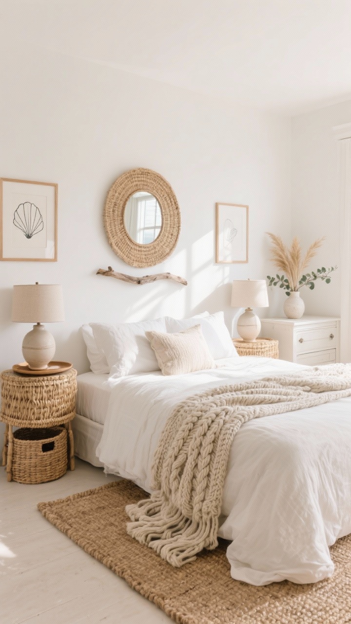 Wide room shot of a serene coastal guest bedroom in creamy whites and pale sand, sunlit almond white walls, a linen-upholstered bed centered with seagrass-wrapped nightstands and ceramic lamps with oatmeal linen shades, a folded cable-knit throw at the foot, large jute rug underfoot, rattan mirror above a driftwood tray on one nightstand, woven storage baskets beneath, minimalist shell line drawings in thin natural wood frames, a small vase of sea grass or eucalyptus on the dresser; soft morning natural light, airy and calm.