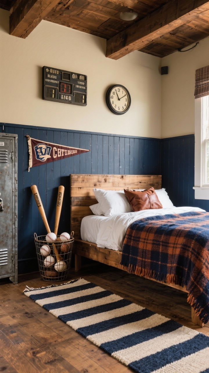 Wide room shot of a vintage sports lodge: half-wall wood paneling painted deep navy with creamy walls above, bed with a planked wood headboard and plaid wool blankets in navy and rust, aged baseball bats and leather balls displayed in a wire basket, vintage pennants forming a wall display, striped wool runner on the floor, metal gym locker for storage; scoreboard-style clock on the wall; warm, nostalgic ambiance.