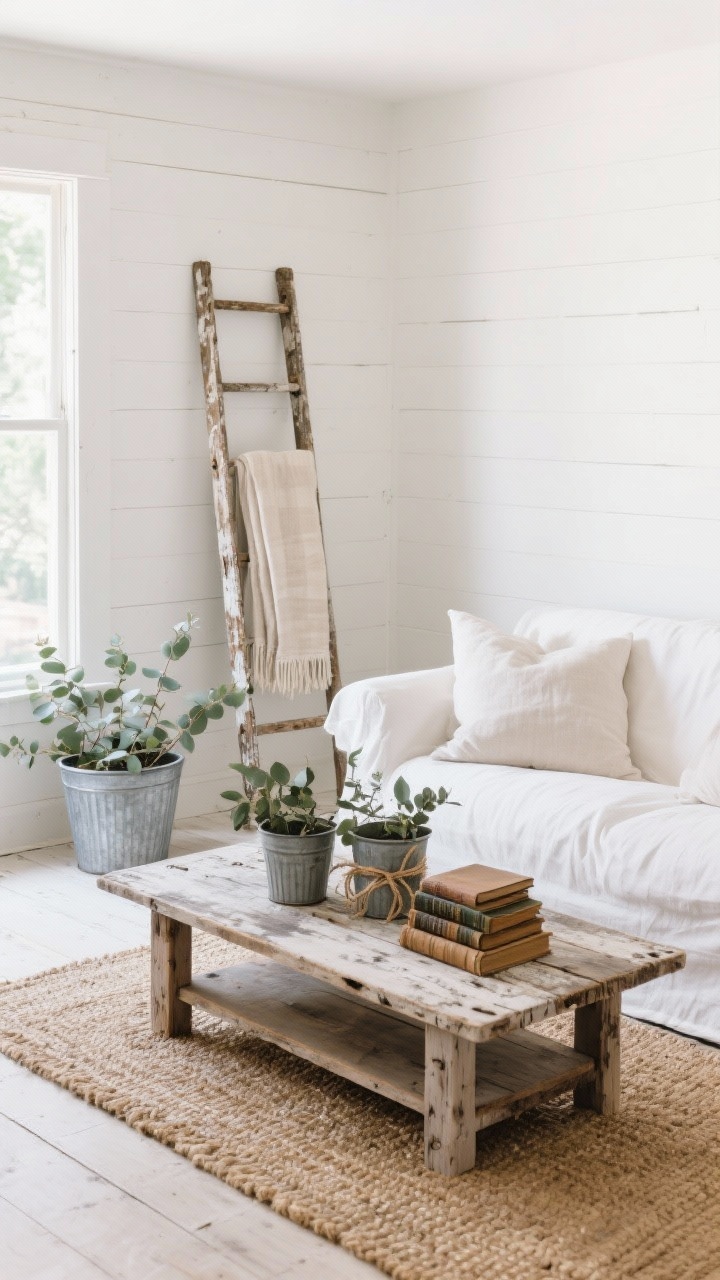 Wide room shot of a weathered wood living room in soft white tones: a white slipcovered sofa with oversized linen pillows, a distressed reclaimed-wood coffee table, and a thrifted ladder blanket rack in the corner. Style with a jute rug, galvanized metal planters holding eucalyptus, and a stack of vintage books tied with twine. Chalky whites, natural oak, and jute textures, soft white walls with warm undertones, bright natural daylight, photorealistic.