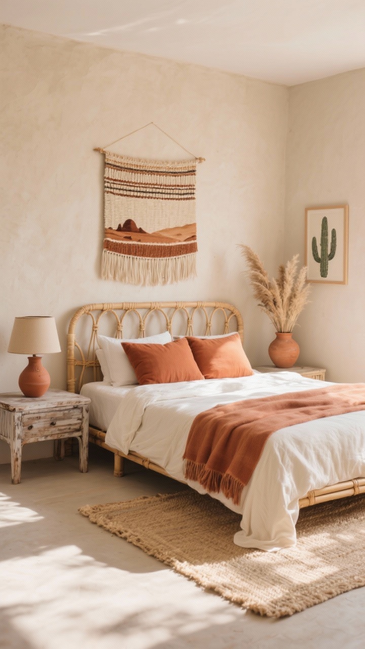 Wide room shot, Sun-Washed Desert Oasis: a soft, sunlit guest bedroom with sand-toned walls, a low-profile rattan bed layered in cream linen, terracotta pillows, and a warm clay throw; a woven wall hanging with desert tones above the bed; bleached jute rug underfoot; battered wood nightstands topped with terracotta ceramic lamps; dried pampas in a clay vessel and a framed cactus print; palette of sand, terracotta, bone, rust; textures of linen, rattan, jute, clay; natural afternoon light, photorealistic.