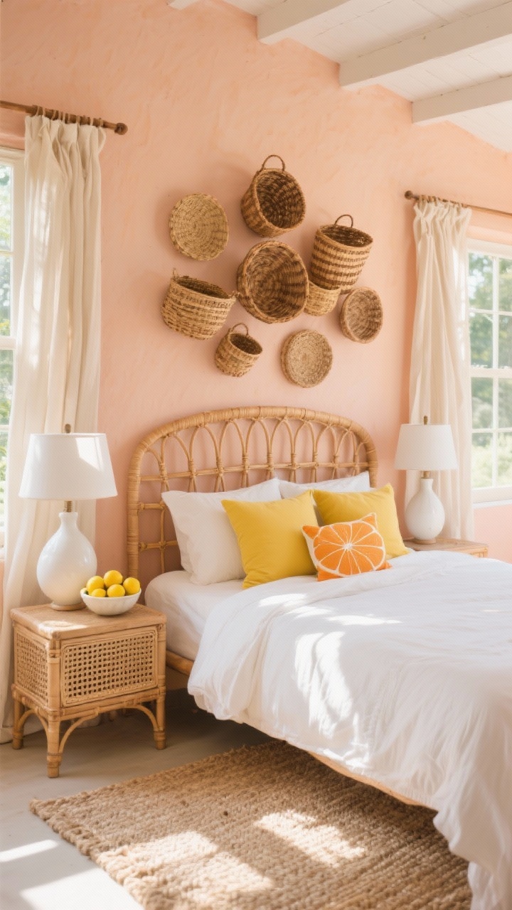Wide room shot: Sunwashed cottage with pale peach/apricot walls, rattan headboard and matching rattan nightstands; crisp white bedding layered with citrus-colored pillows in lemon and tangerine; white ceramic gourd lamps; linen café curtains softening the windows; jute rug grounding the space; a wall cluster of woven baskets as dimensional art; a bowl of real lemons on arrival; bright, cheerful morning sunlight.