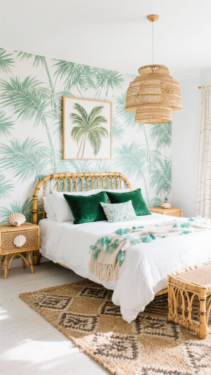 Wide room shot, Tropical Boho Escape: palm-print wallpaper feature wall behind a crisp white bed with bamboo details; emerald velvet pillows and a sea-glass throw; jute rug layered under a patterned dhurrie; woven pendant overhead; palm-frond art and a shell-inlay nightstand; palette emerald, seafoam, white, honey; textures bamboo, rattan, jute; bright breezy daylight, photorealistic.