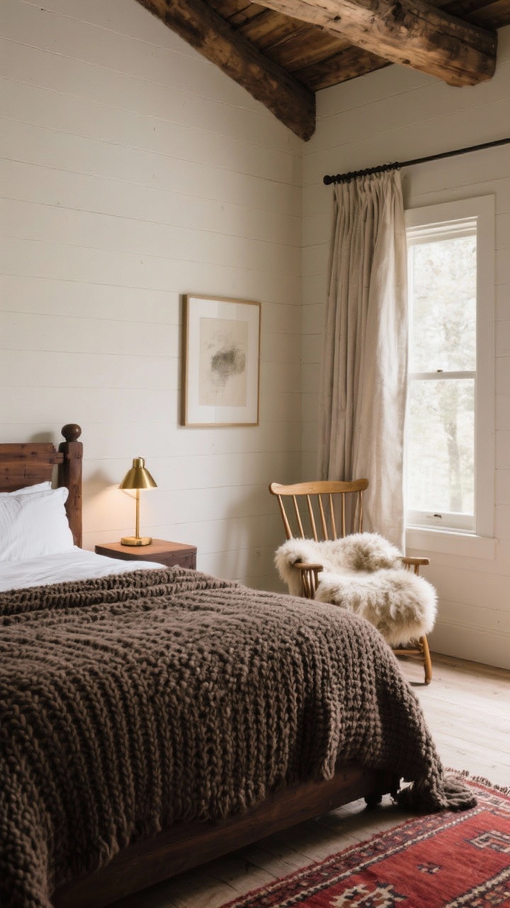 Wide room shot with cozy focus: Rustic-luxe lodge guest room featuring milk-painted walls, a dark walnut bed layered with chunky knit textiles; a spindle-back chair holds a draped sheepskin; brass bedside lamps cast warm pools of light; linen drapes frame the window; a narrow kilim runner with muted reds adds restrained color; textures—knit, linen, sheepskin—take center stage; minimal artwork to let materials shine.